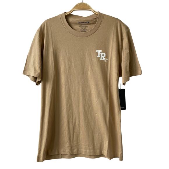 True Religion Mens Graphic Tee T-shirt XL Tan Silicon Guitar Budha Hipster NWT - Picture 2 of 7
